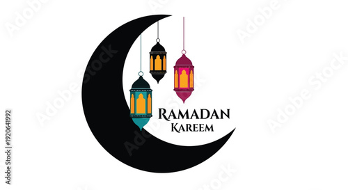 Ramadan kareem greeting with a crescent moon and hanging lanterns