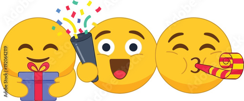 A set of three happy emojis celebrating a special occasion with gifts and confetti