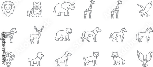 Collection of simple black and white outline icons representing various wild and domestic animals suitable for educational and nature themed design projects.