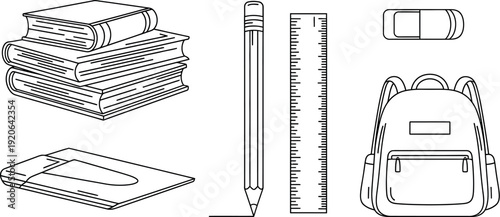 Collection of essential black and white line art icons depicting various school supplies including books a pencil a ruler an eraser a notebook and a backpack for educational design projects
