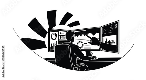 Businessman analyzing data on multiple computer screens