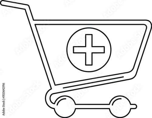 Simple black and white outline icon representing a shopping cart with a medical cross symbol indicating pharmacy purchase or healthcare addition for online services.