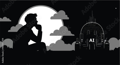 man thinking about artificial intelligence cityscape