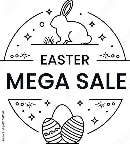 Minimalist black and white line art emblem featuring a happy rabbit perched above festive patterned easter eggs promoting a special seasonal advertising event for shoppers.