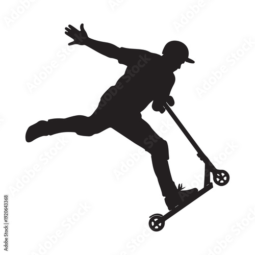 Boy performing mid-air trick on kick scooter silhouette vector