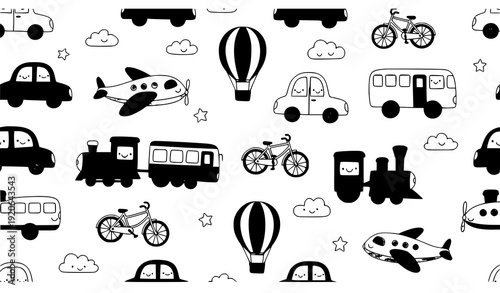 Cute travel transportation seamless pattern children theme vector