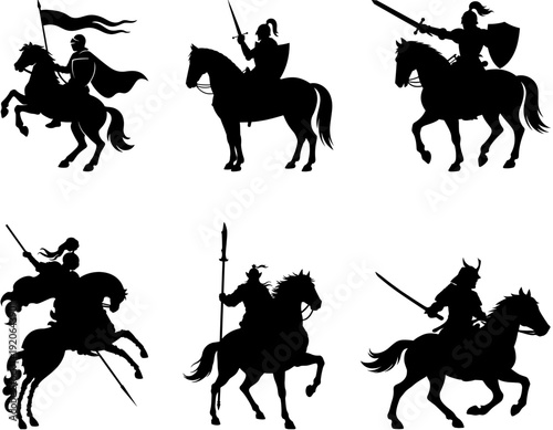 Six black silhouettes of medieval and fantasy warriors on horseback, armed with swords, spears, and flags, depicting various historical and mythical knights.