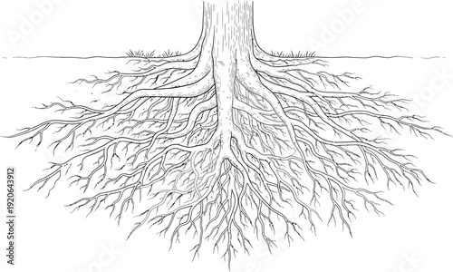 Detailed black and white line art illustration vividly depicts the complex structure of a mature tree's extensive root system spreading out beneath the visible surface of the ground.
