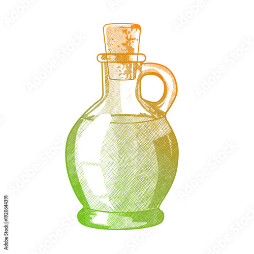Glass bottle with cork stopper, hand drawn vector illustration of olive oil in orange and green gradient