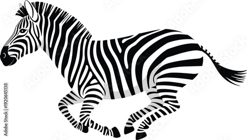 Running zebra silhouette with detailed stripes pattern, flat vector illustration isolated on white background wildlife animal design