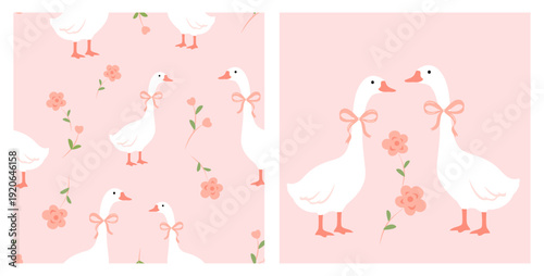 Seamless goose pattern with white geese, pink bows and floral illustration on pastel background.