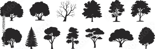 Various tree silhouettes collection for landscape and garden design, flat vector illustration isolated on white background nature set