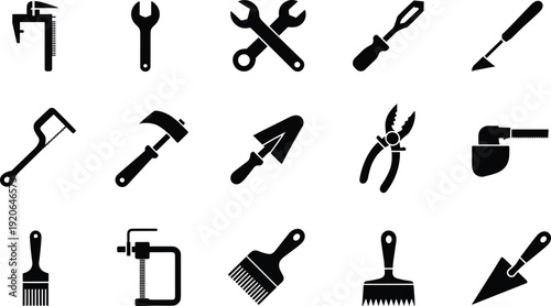 Construction hand tools silhouette icon set for repair workshop, flat vector illustration isolated on white background collection