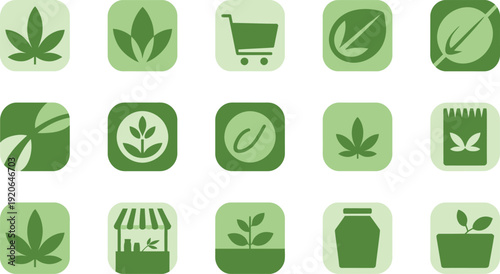 Cannabis medical icon collection. Includes marijuana, leaf, weed, shop, store, pot, bottle, and cannabis icons. Created in flat style with green palette