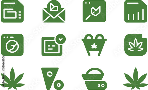 Cannabis e-commerce icon collection. Includes marijuana leaf, shopping bag, email, chart, and discount icons. Created in modern style with green palette.