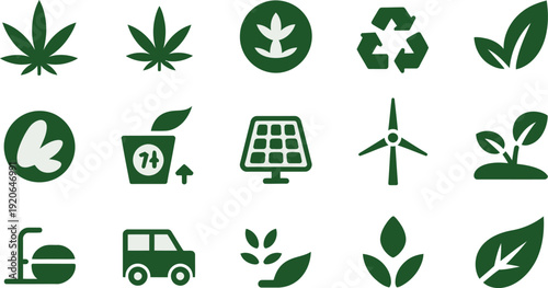 Eco friendly icon collection. Includes recycling, solar panel, wind turbine, leaf, cannabis, compost, eco truck. Created in green style with dark green palette.