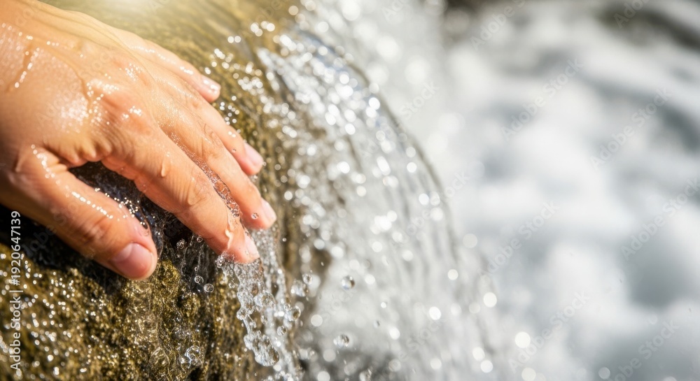 Fototapeta premium Hand touching water flowing over wet rock surface, glistening in sunlight. Pure hand touching water symbolizes nature connection and refreshing purity.
