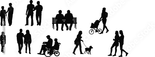 People silhouettes walking, sitting, pets, strollers, wheelchair, urban everyday life, flat vector