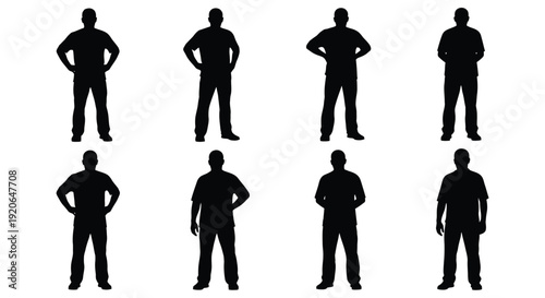 Collection of eight male silhouettes displaying various casual standing poses against a white background