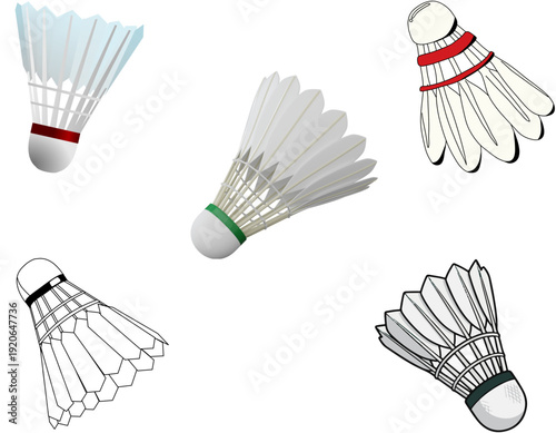 Five different badminton shuttlecocks with various colored bands and styles on a white background.