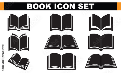 A set of black and white book icons on a clean white background for educational or literary use