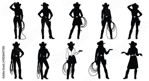 Collection of ten distinct female cowboy and cowgirl silhouettes in various poses holding lassos
