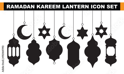 A set of Ramadan Kareem lantern icons with crescent moons and stars on a white background