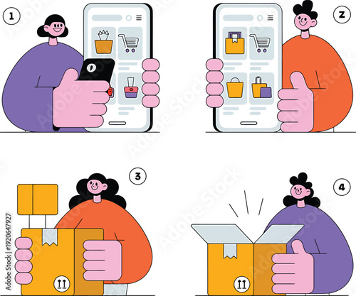 Cartoon people shopping online with phones and packages