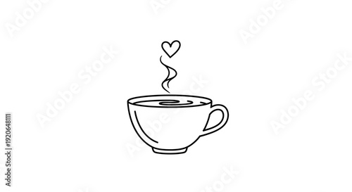 Simple line drawing of a steaming cup of coffee with a heart.