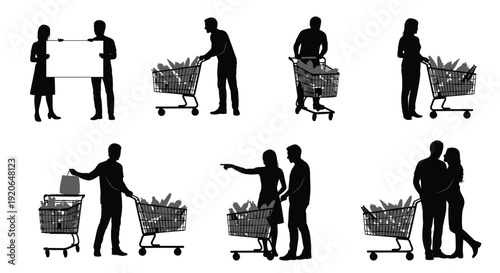 Collection of black and white silhouettes depicting people shopping with fully loaded grocery carts