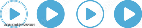 Set of four circular play button icons in solid and outlined blue styles for media control and user interface design themes