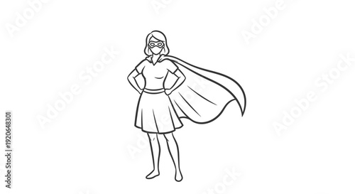 Confident young woman wearing a superhero cape standing with hands on hips.