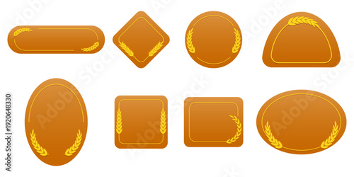 Set of orange badges with wheat ears for bakery and farm products. Empty vector labels with cereal stalks for bread, flour or beer branding. Isolated on transparent background.