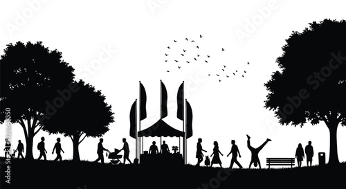 Diverse crowd silhouettes enjoying a festive outdoor event beneath large trees and birds