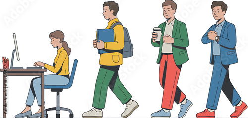 Woman working on computer while three men walk by with coffee and books desk chair