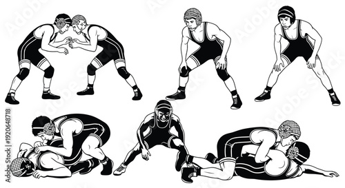 Collection of diverse wrestling match action poses illustrating various grappling techniques and stances in black and white.