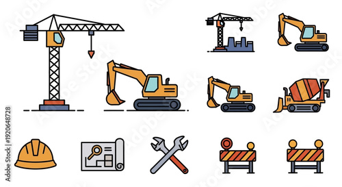Construction Equipment and Safety Gear Icons.