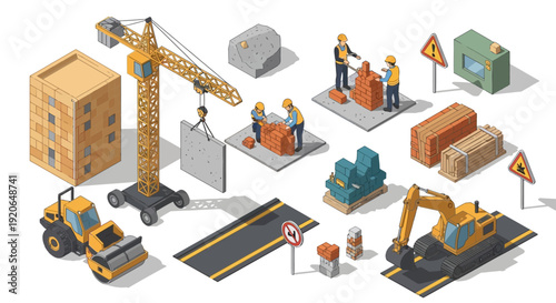 Construction Equipment and Machinery Set Isometric Illustration.