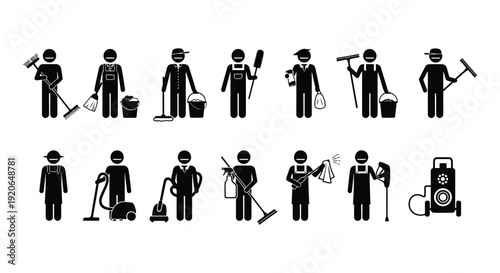 Collection of black pictogram icons representing various cleaning service workers and their essential equipment tools