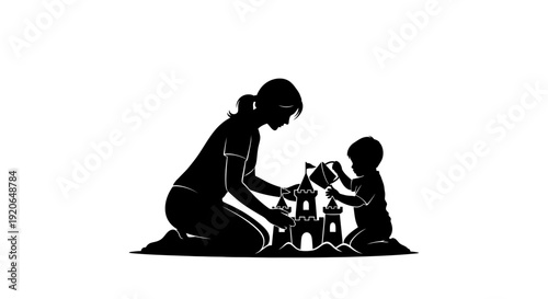 Mother and Child Playing Together Silhouette Illustration.