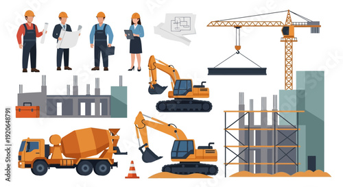 Construction Equipment and Workers Illustration Set.