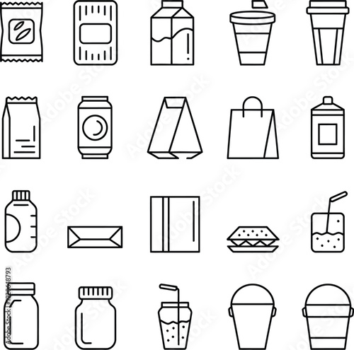 food packaging and plastic container line icons set