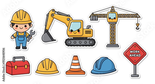 Construction Worker and Equipment Icons Set 1.
