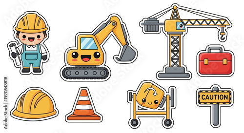 Construction Worker and Equipment Icons Set.
