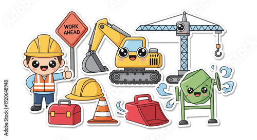 Construction Worker Cartoon Character with Equipment 1.