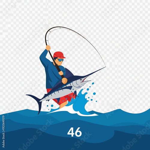Fisherman reeling in a large fish in blue water.