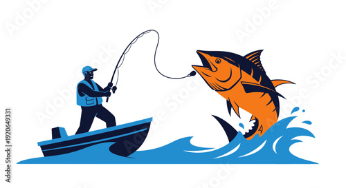 Fisherman in boat catches large fish jumping from water.