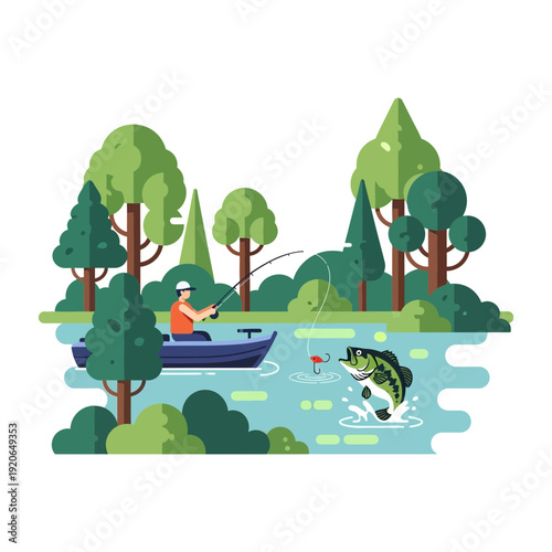 Person fishes from boat in lake surrounded by trees.