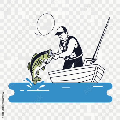 Fisherman in boat catches large fish jumping from water.