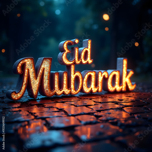 Luminous lettering on stone surface at night.